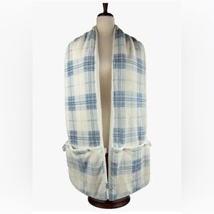Versatile Blue plaid fleece Scarf with Pockets folds into travel pillow